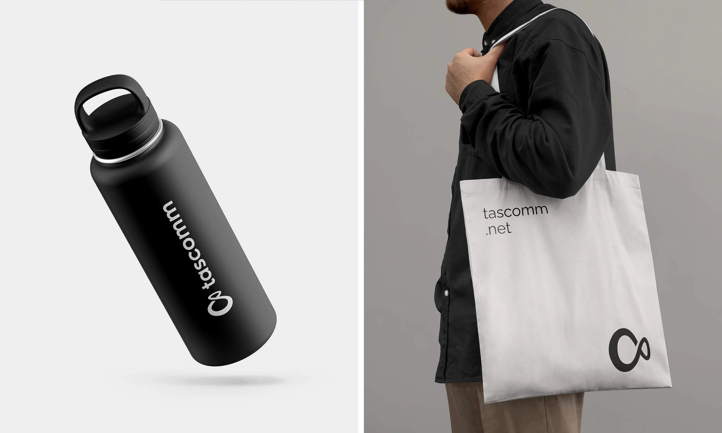 Branded corporate merchandise, water bottle and tote bag design