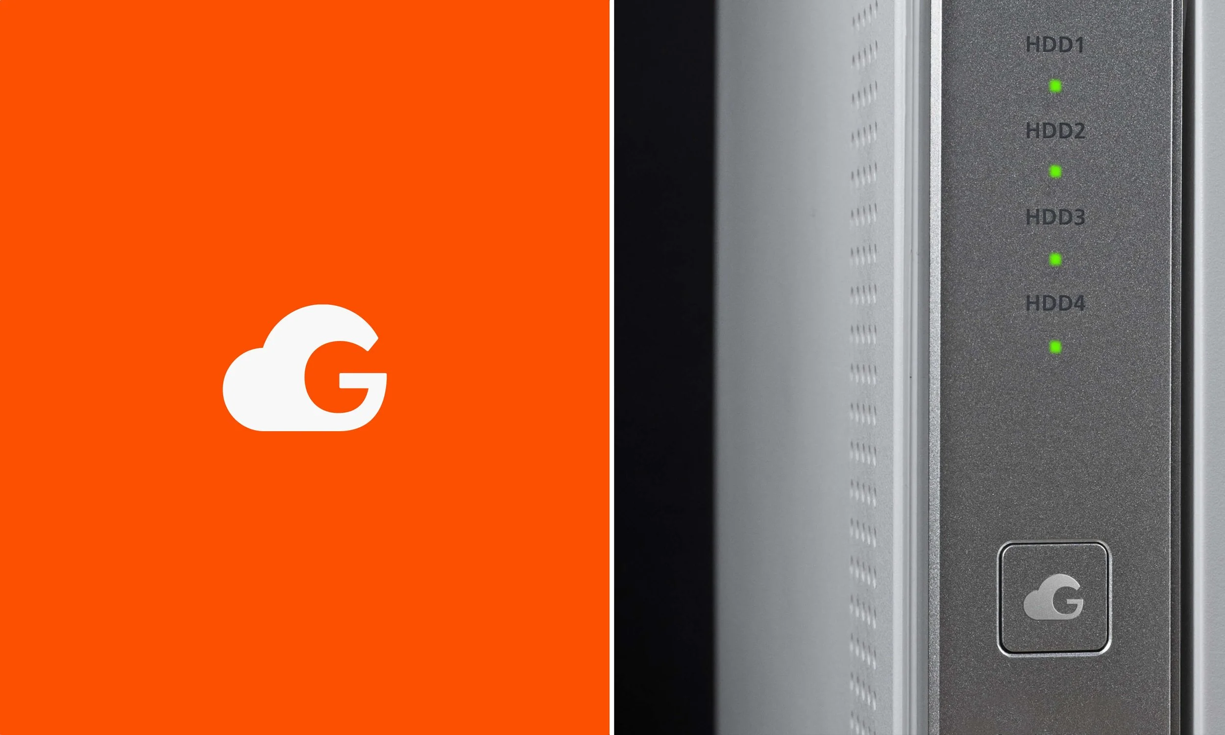 Server rack branding with cloud logo integrated into the letter G