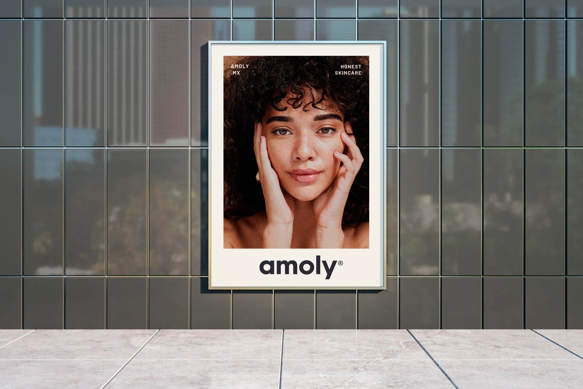 Amoly skincare brand campaign poster featuring natural skin care