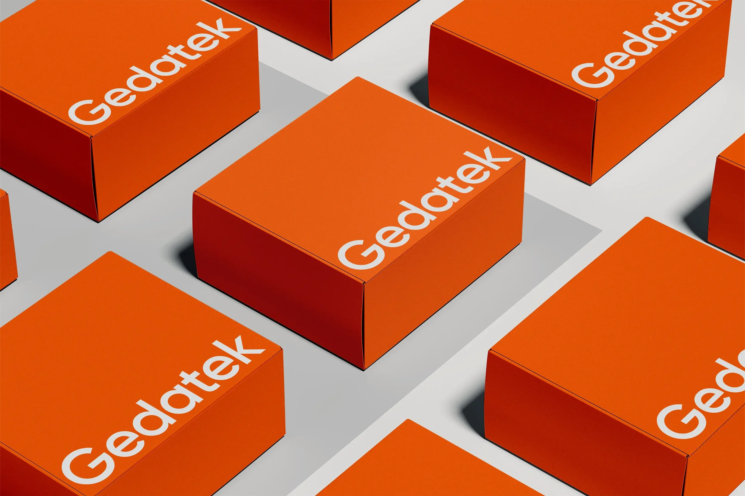 Orange product box packaging design grid layout