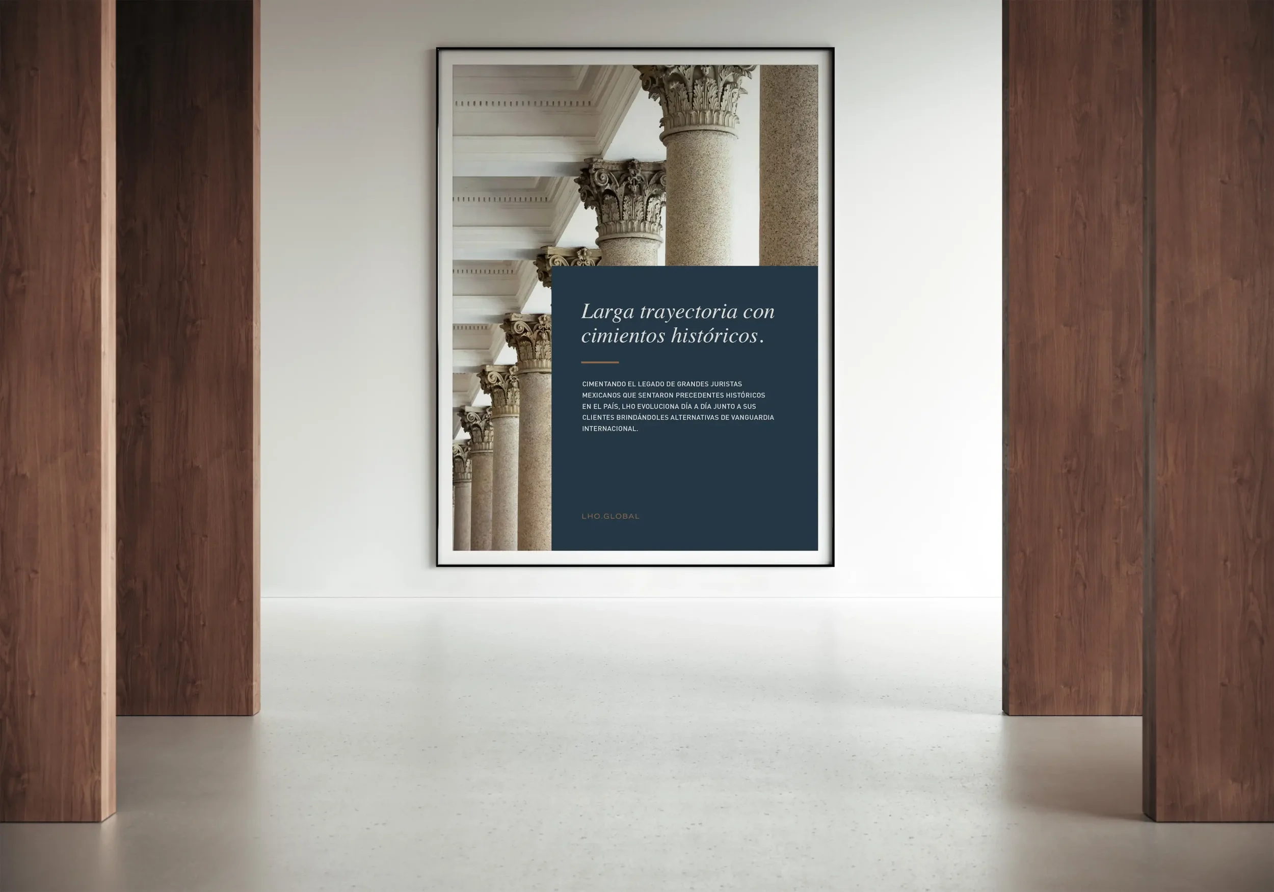 Law firm brand identity poster displayed in classical architectural setting