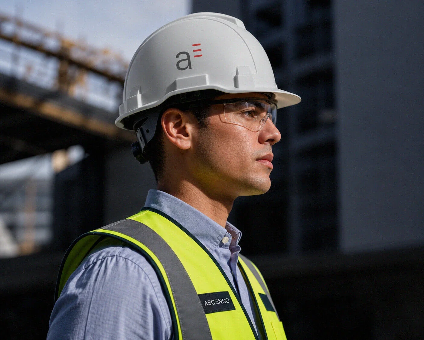 Construction safety helmet featuring a modern construction company branding system.