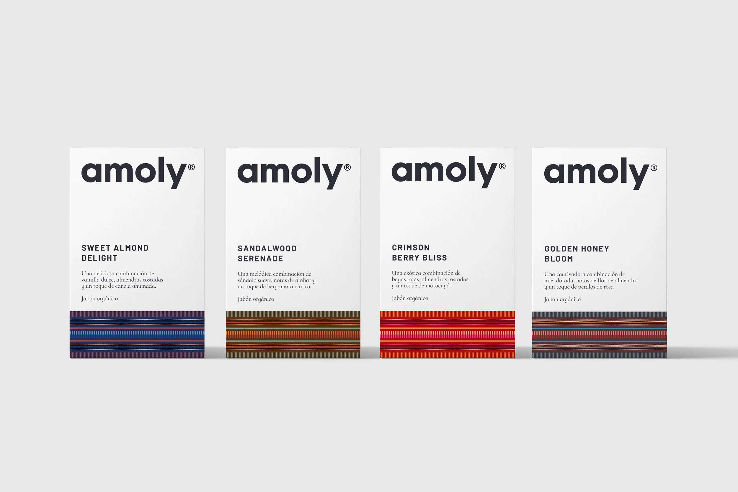Amoly soap variants packaging: sandalwood, cinnamon berry, golden , soap collection, package design