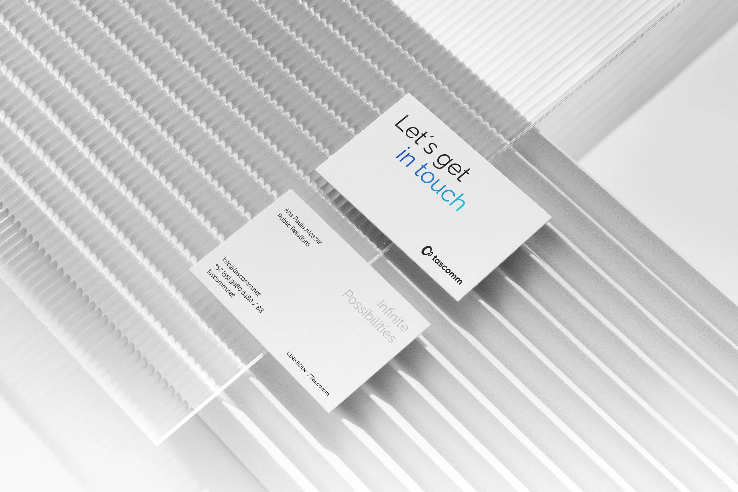 Modern business card design for a corporate communications brand