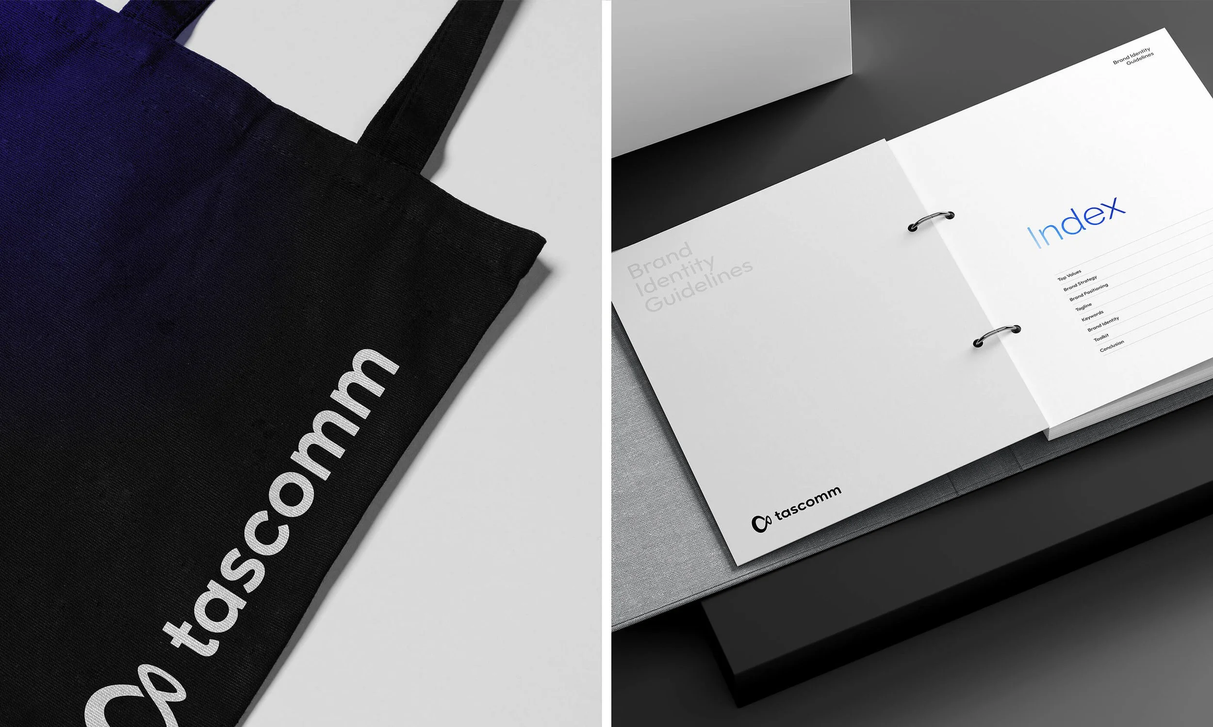 Brand guidelines index page layout and tote bag design