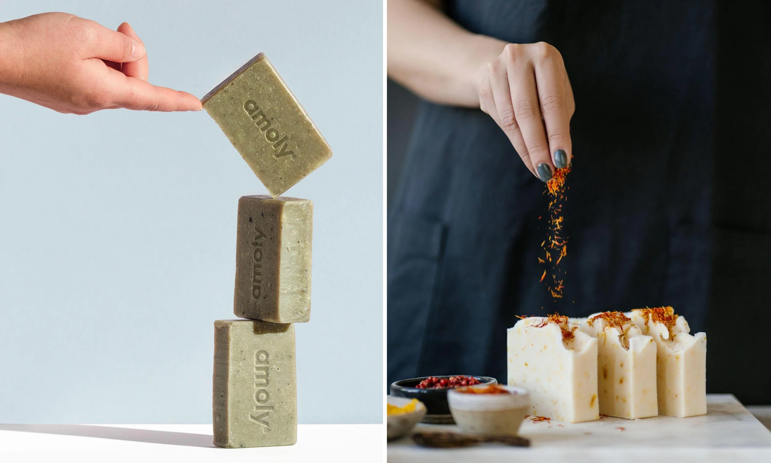 Handmade organic soap bars stacked with natural ingredients
