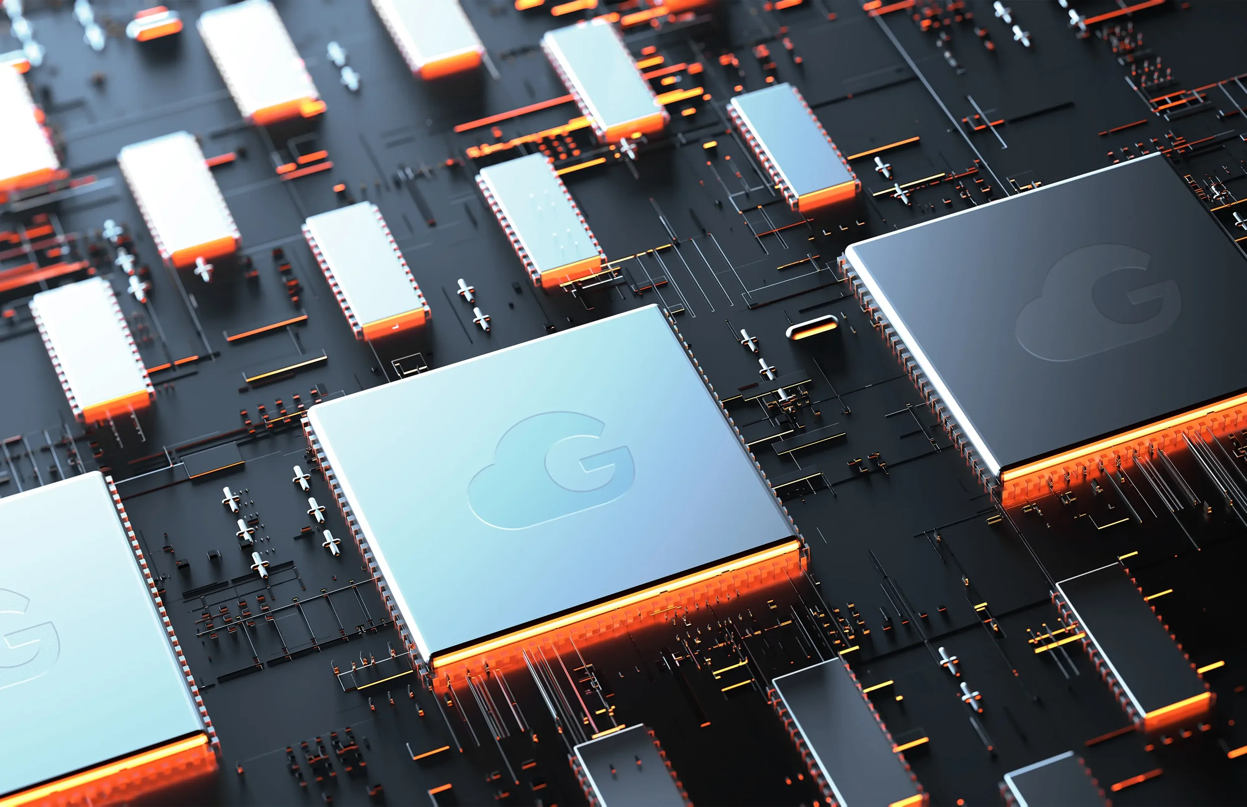 Circuit board photography with cloud storage brand logo