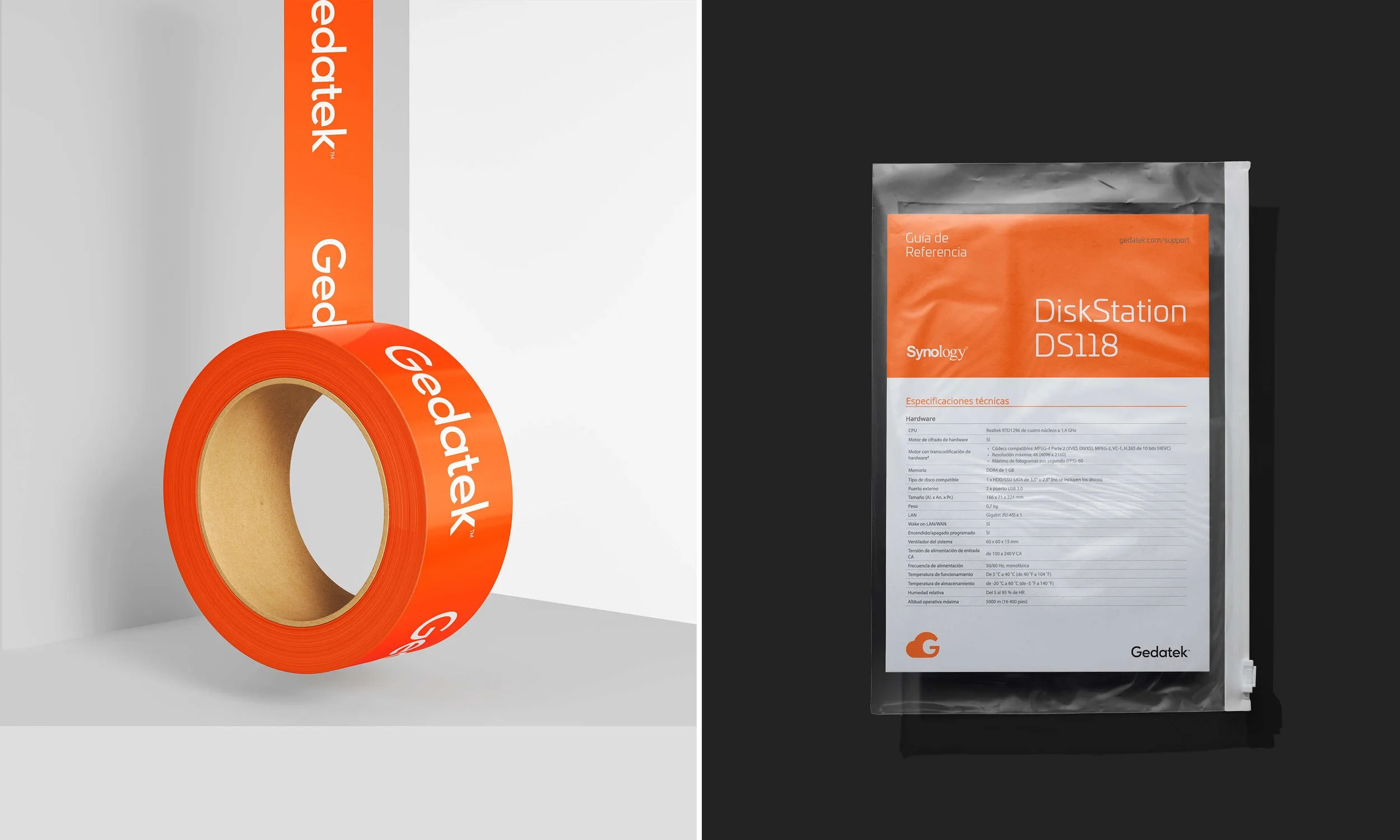 Product packaging tape and shipping label design for a tech brand