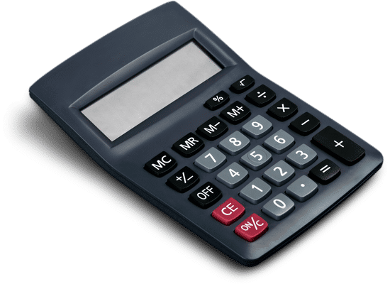 Black calculator with a large display screen and white, black, and red buttons.