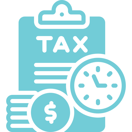 Icon of a tax document with a clipboard, clock, and dollar sign.