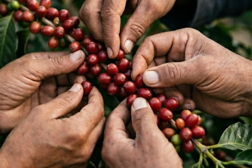 Multiple hands picking ripe red coffee cherries from a coffee plant.