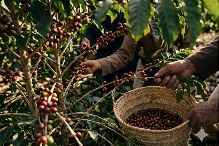 People harvesting ripe coffee cherries from coffee plants and collecting them in a woven basket.