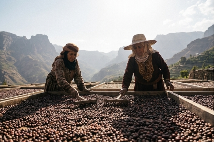 Two women in traditional clothing harvest coffee beans on large drying tables in a mountainous landscape.