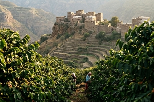 Farmers walking through Yemeni coffee terraces with mountain villages in the background.