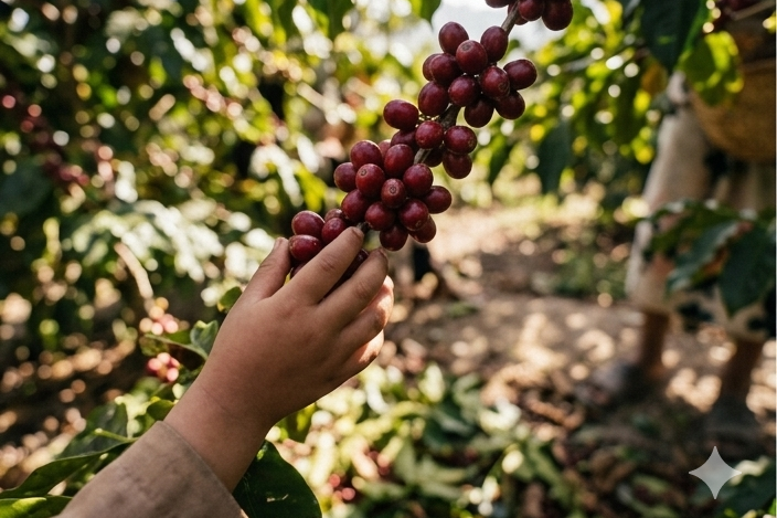 Hand picking ripe Yemeni coffee cherries from a coffee plant.
