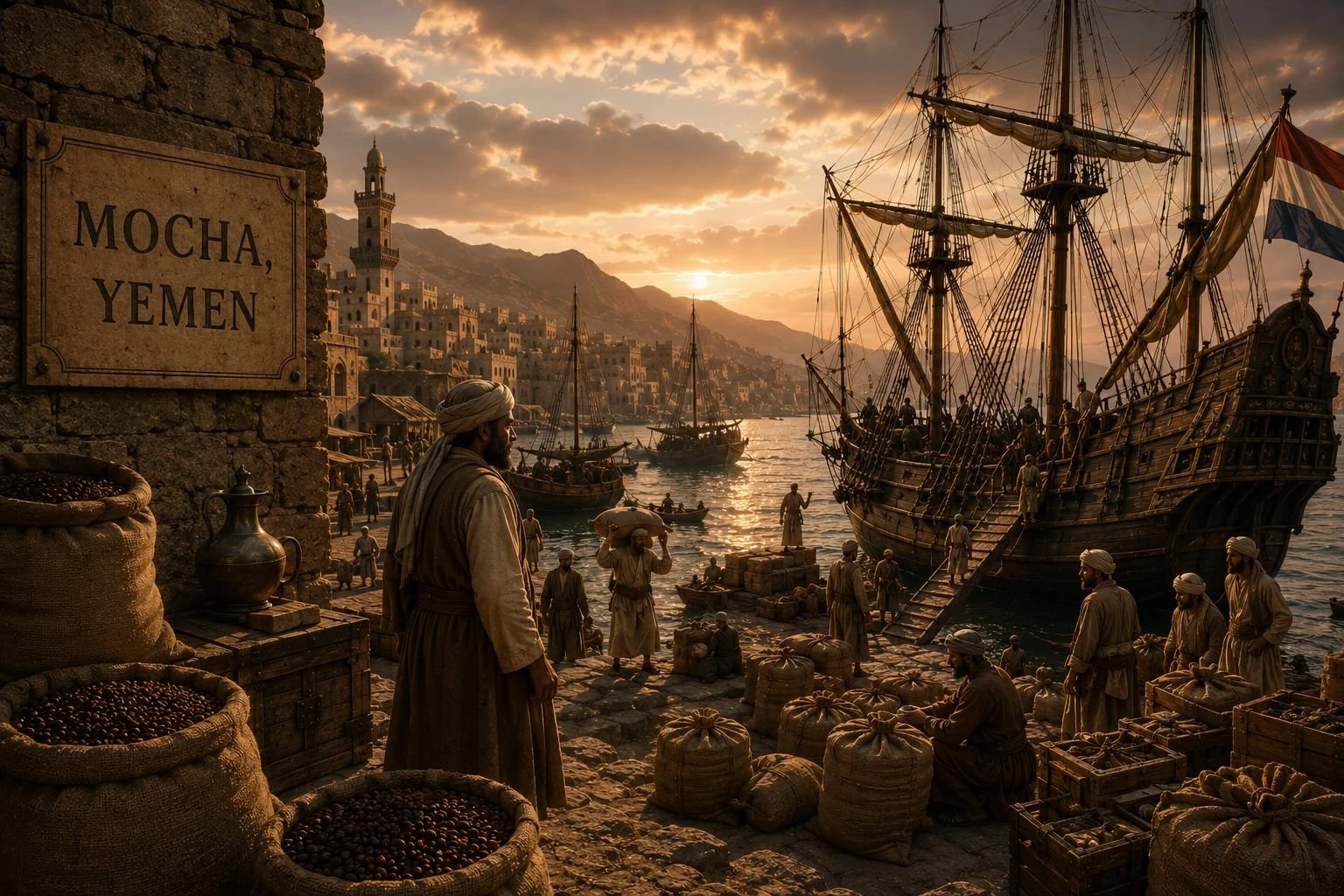 Historic Yemeni coffee trade port at sunset with traditional merchants and ships.