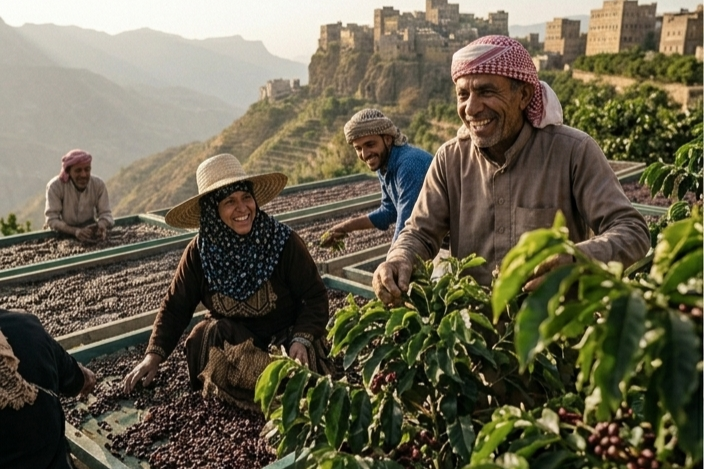 Farmers harvesting coffee cherries on a hillside plantation with a backdrop of mountains and historic city structures.