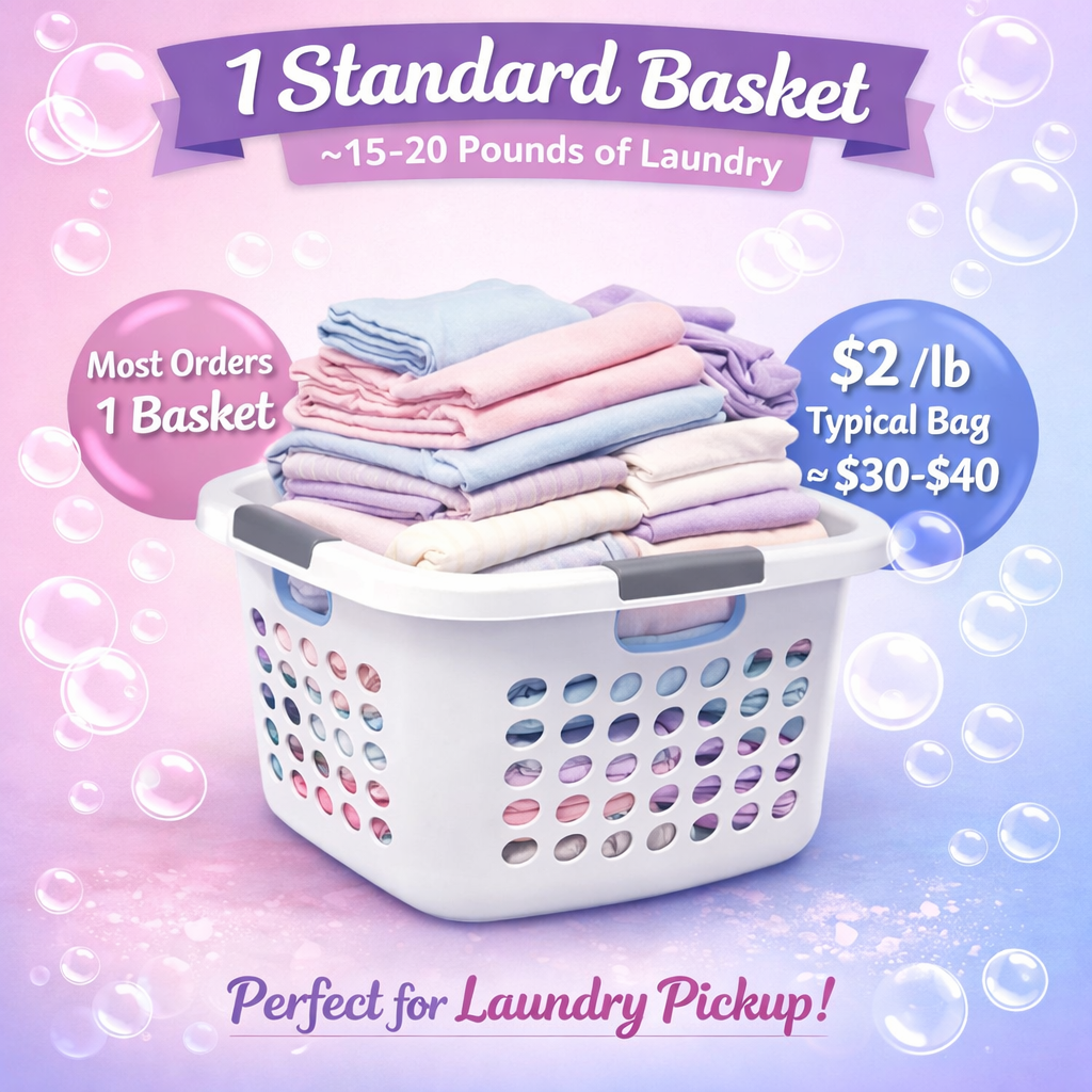A laundry basket filled with neatly folded pastel-colored clothes with informational text about laundry loads and pricing.