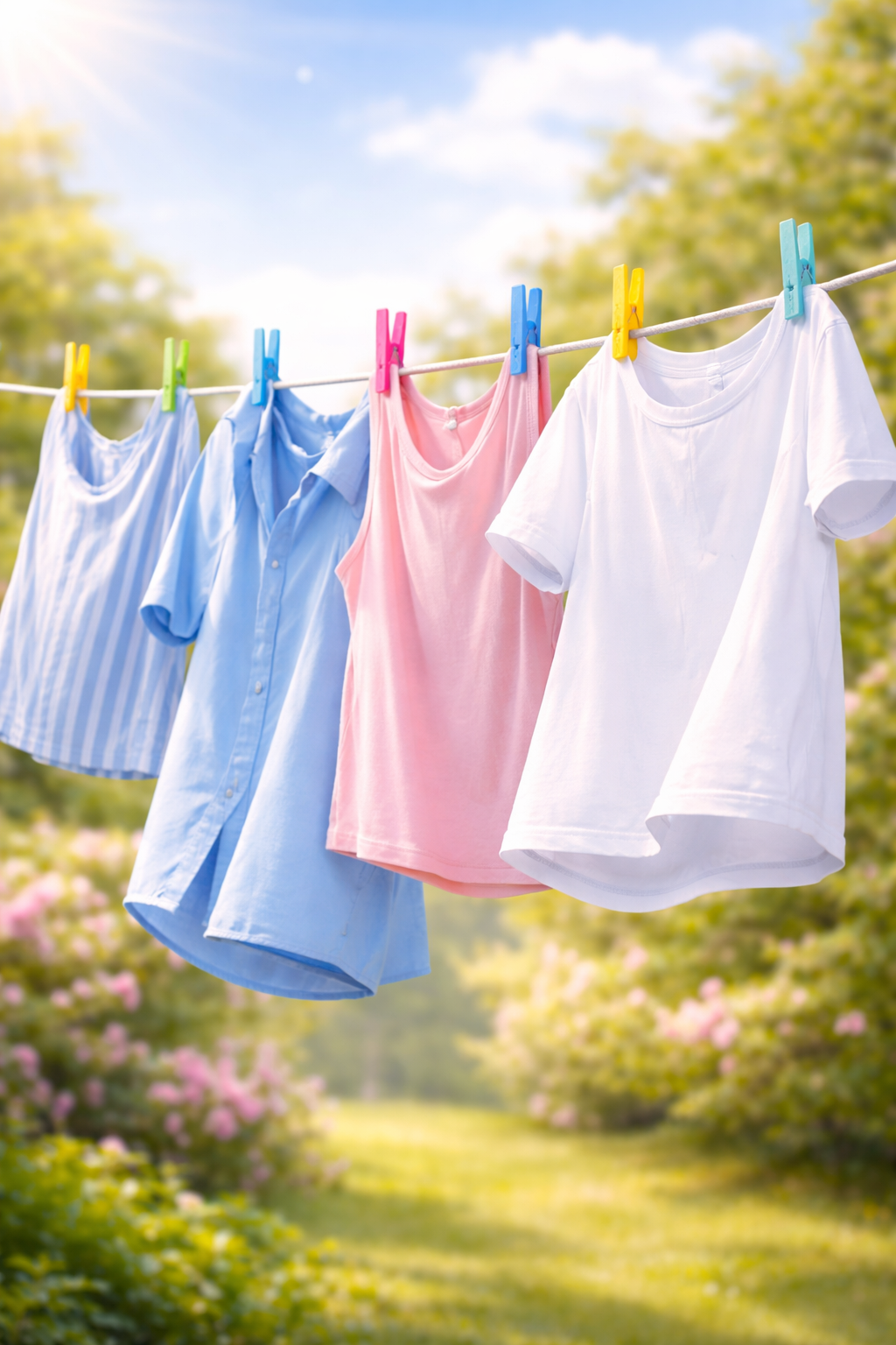 Colorful clothes hanging on a clothesline outdoors in bright sunlight, with trees and a clear sky in the background.