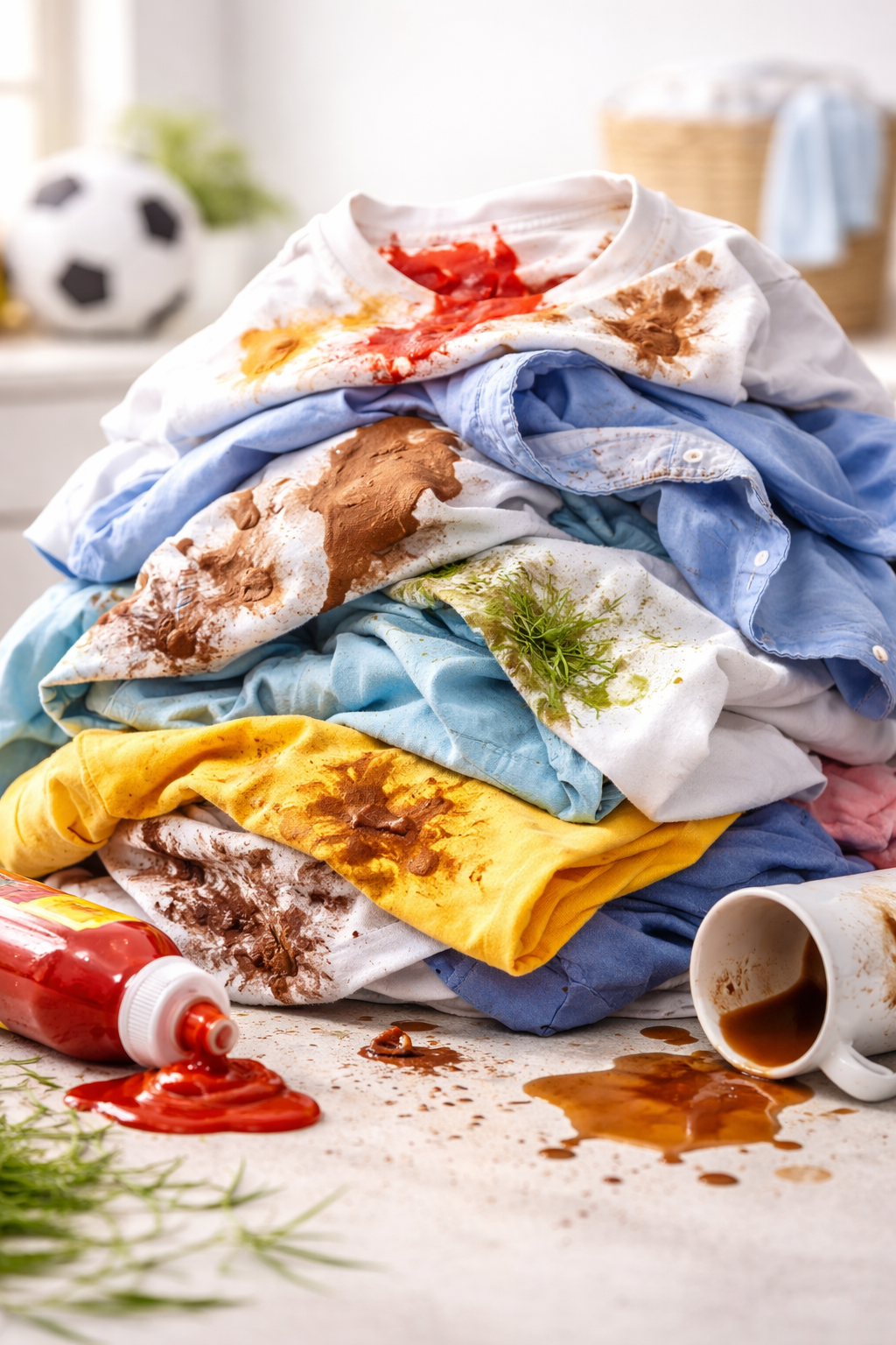Piled dirty laundry with food spills and stains including ketchup, mustard, chocolate, and tomato sauce.