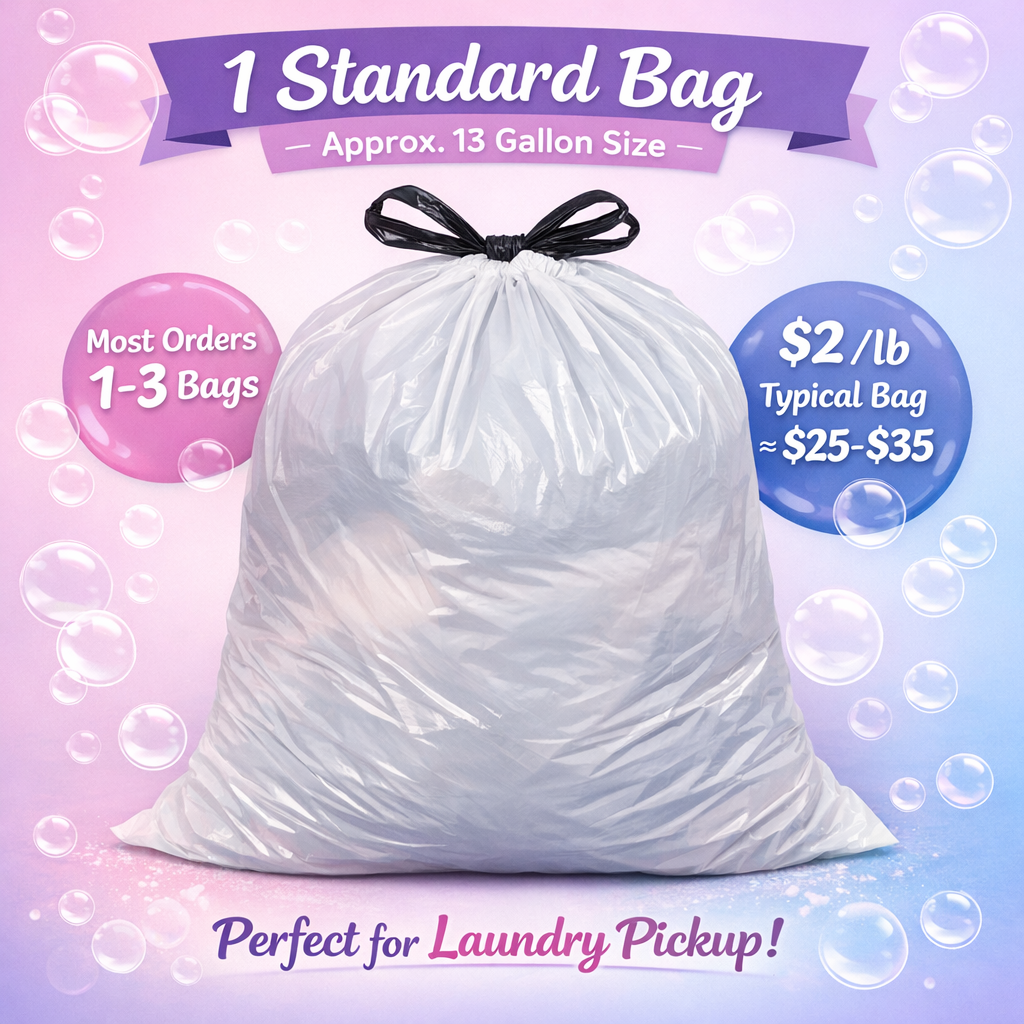 A plastic laundry bag with a black tied ribbon at the top, on a pink and purple background with bubbles, showing shipping info: one standard bag approximately 13 gallons, most orders are 1 to 3 bags, costing $2 per pound, roughly $25 to $35 per bag. The text suggests it's ideal for laundry pickup.