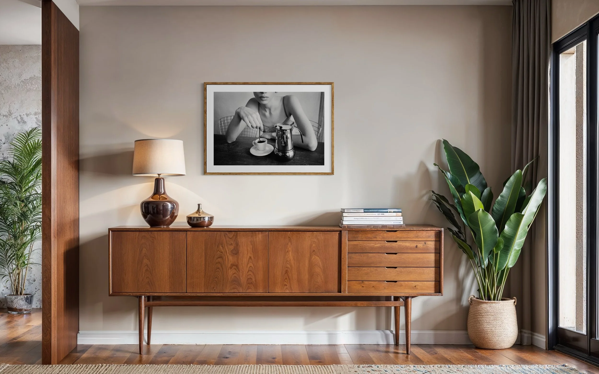 A mid-century modern wooden sideboard against a beige wall with a framed black-and-white photograph of a woman pouring coffee and drinking from a cup. On the sideboard are a large ceramic table lamp, a small decorative container, and a stack of magaz