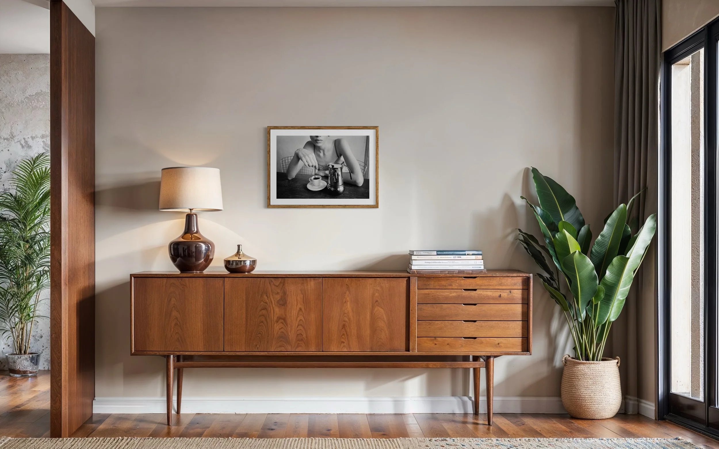 A mid-century modern wooden sideboard with a lamp, decorative container, and stack of books on top, positioned against a light-colored wall, with a framed black-and-white photograph above and a large green potted plant to the side near glass doors.