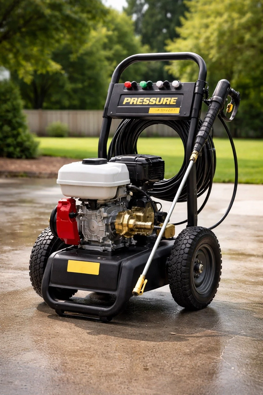 Pressure washer with a black frame, hose, and spray wand on a wet concrete surface outdoors, with green trees and grass in the background.