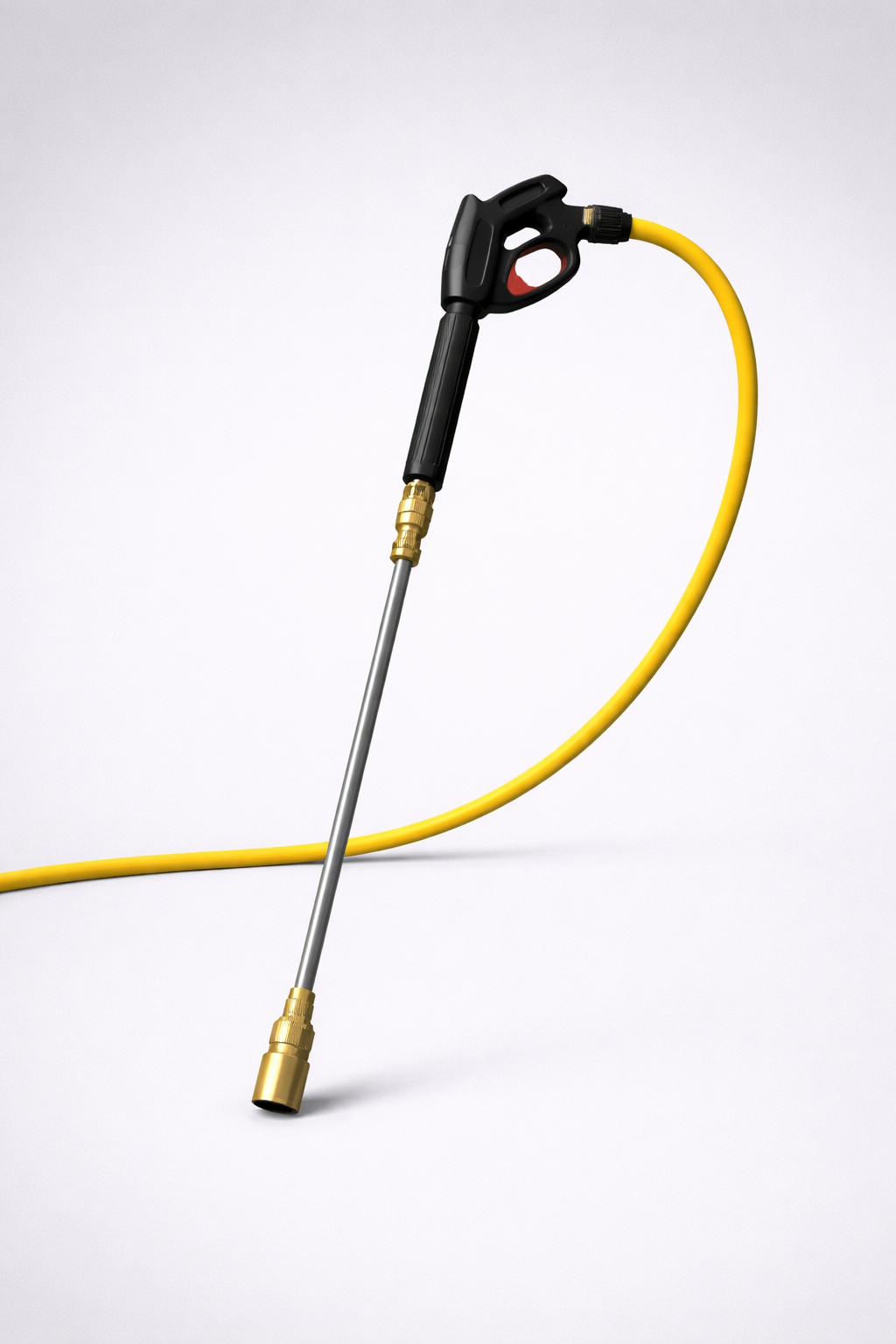 Pressure washer gun with yellow hose on a light background.