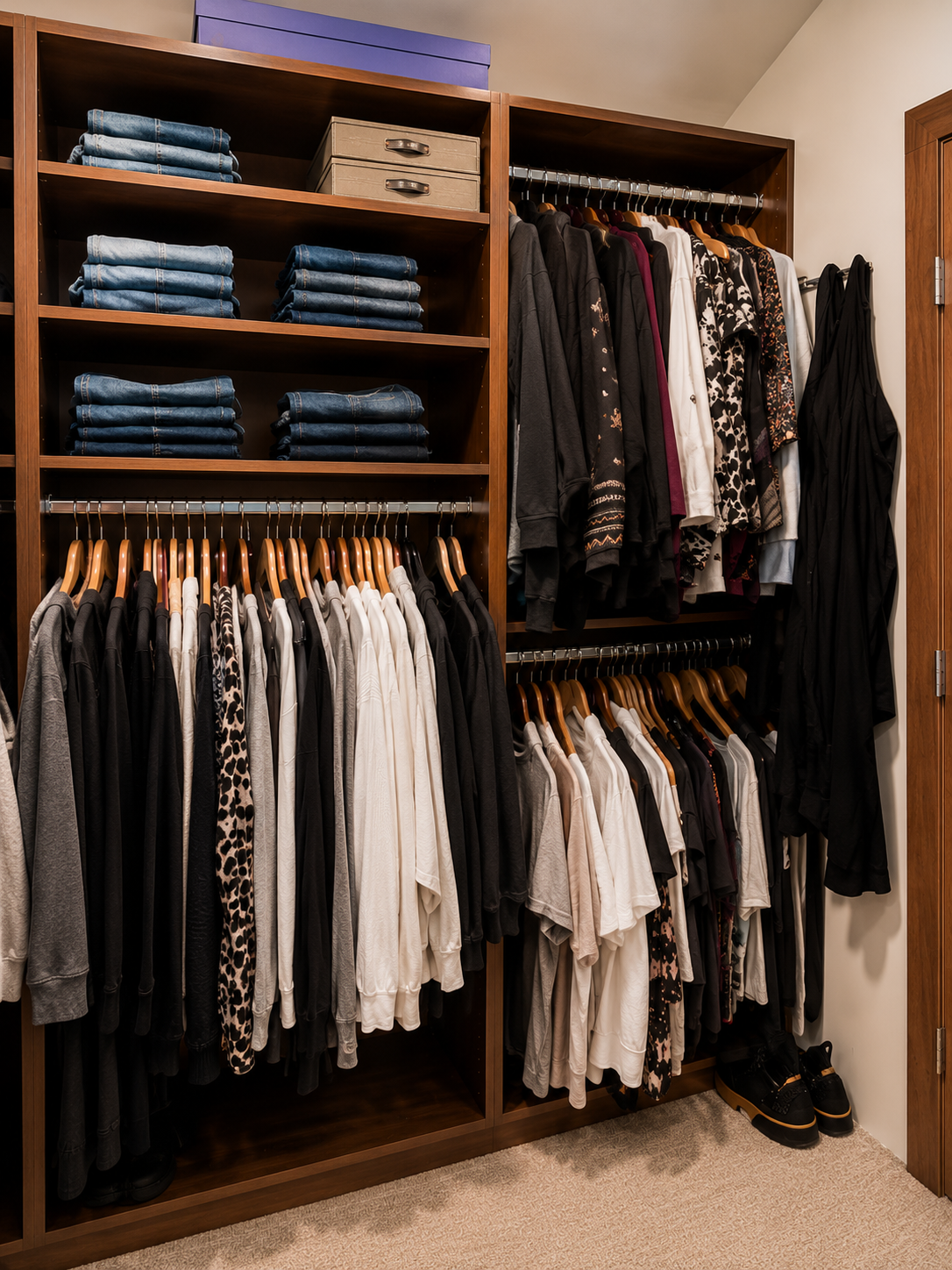 Wooden closet with shelves of folded jeans, storage boxes, and hanging clothes, including t-shirts, hoodies, and dresses, with a pair of black shoes on the floor.