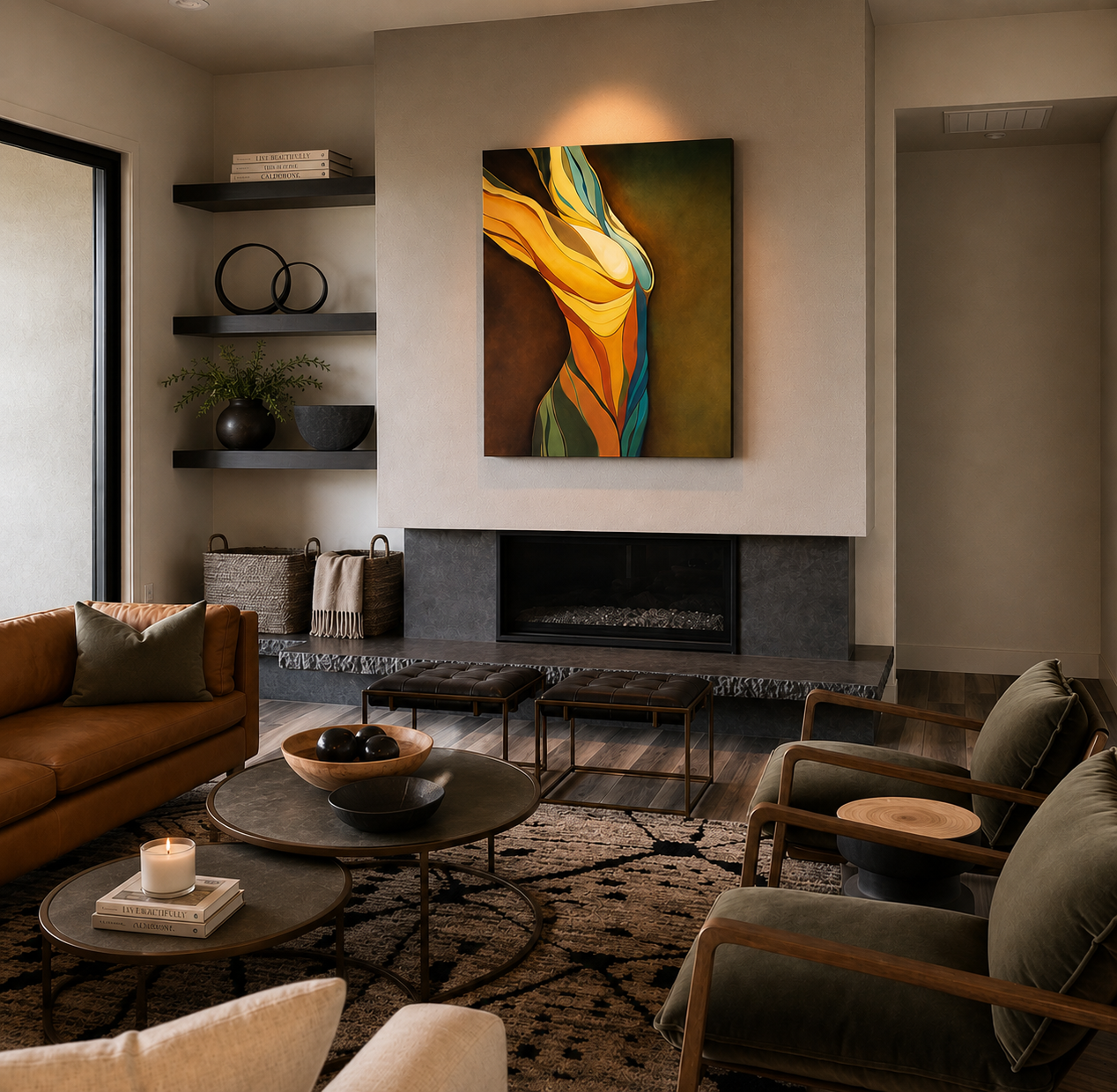 Living room with a brown leather sofa, green armchairs, two round coffee tables, wall art above a fireplace, and a rug. Decor includes vases, trays, and books.