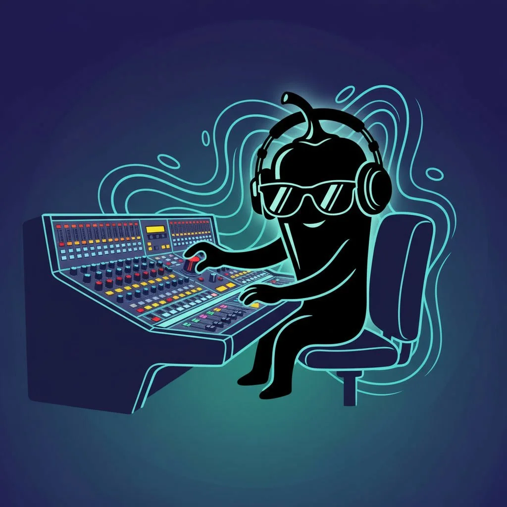 A cartoon chili pepper with headphones and sunglasses DJ-ing at a mixing console with colorful controls, in a neon light style.