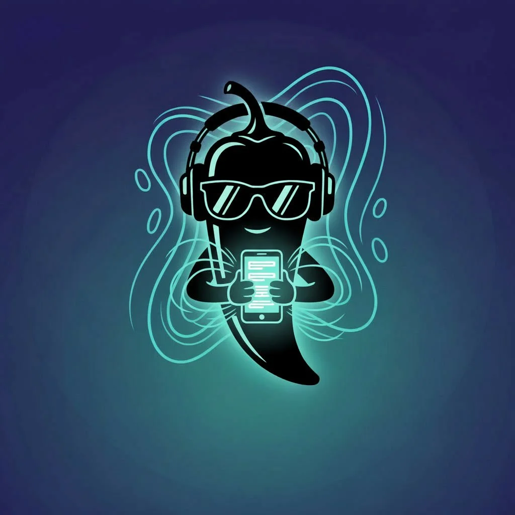 Stylized digital illustration of a cartoon dolphin with a cherry on its head, wearing sunglasses and headphones, holding a smartphone with neon-like glowing lines.