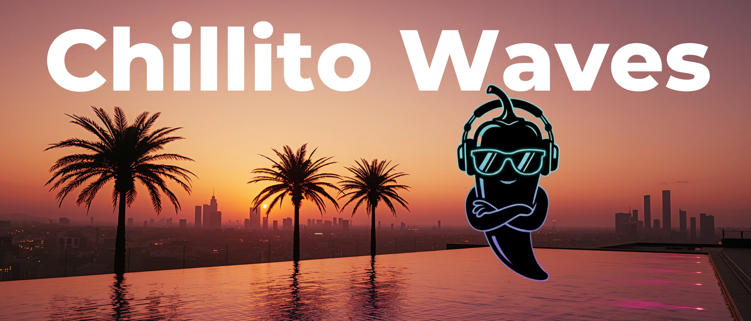 Sunset over a city skyline with three palm trees and a neon cartoon ghost wearing sunglasses and headphones, with the text 'Chillito Waves' above.