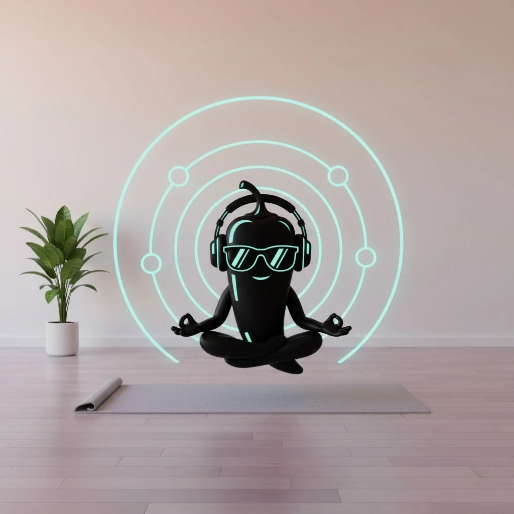 A cartoonish black character with headphones and sunglasses practicing yoga in a meditative pose, surrounded by neon circles, in a minimalistic room with a potted plant and a yoga mat.
