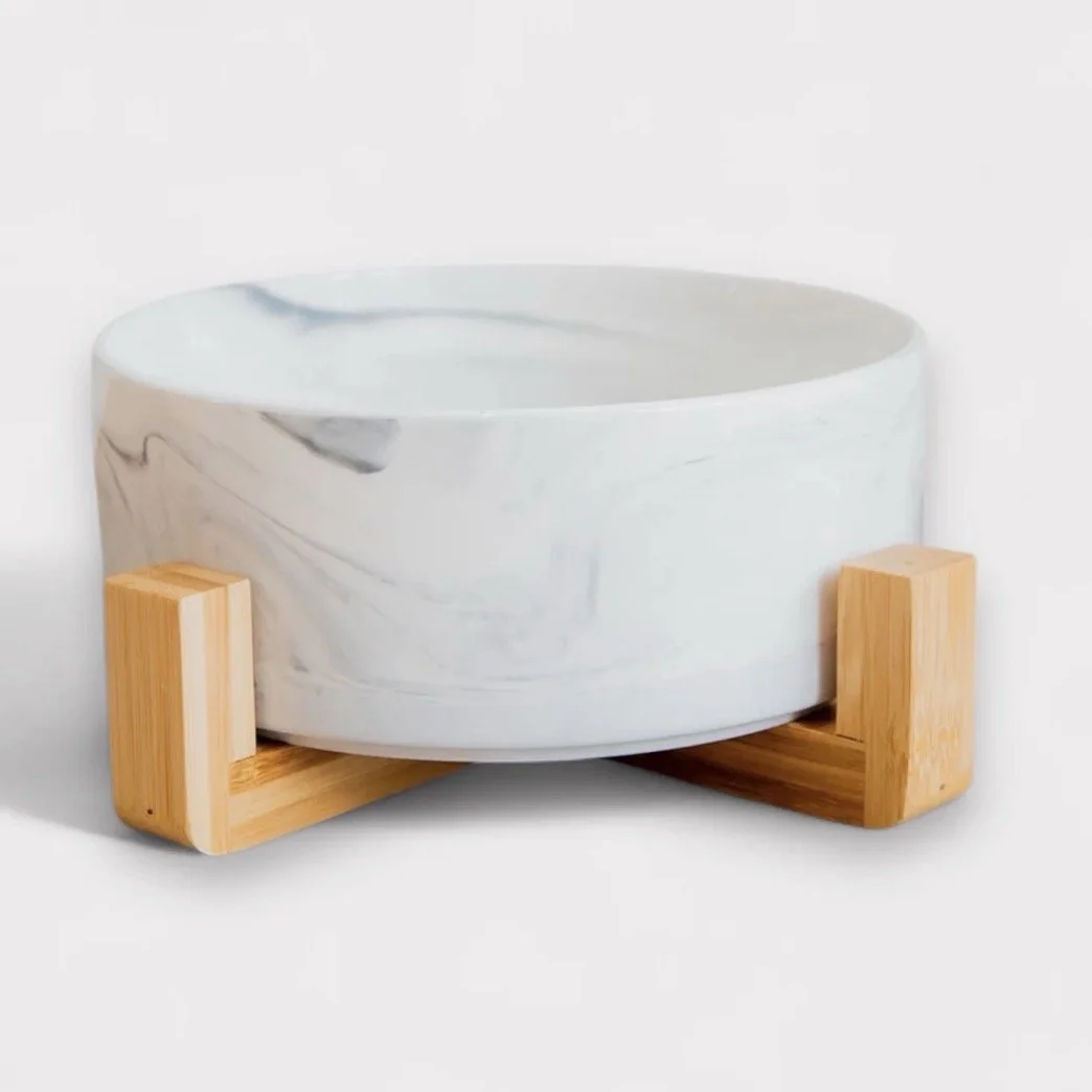 Ceramic Dog Bowl with Timber Support Base