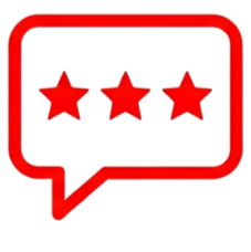 Ícono de una burbuja de comentario con tres estrellas rojas en su interior.