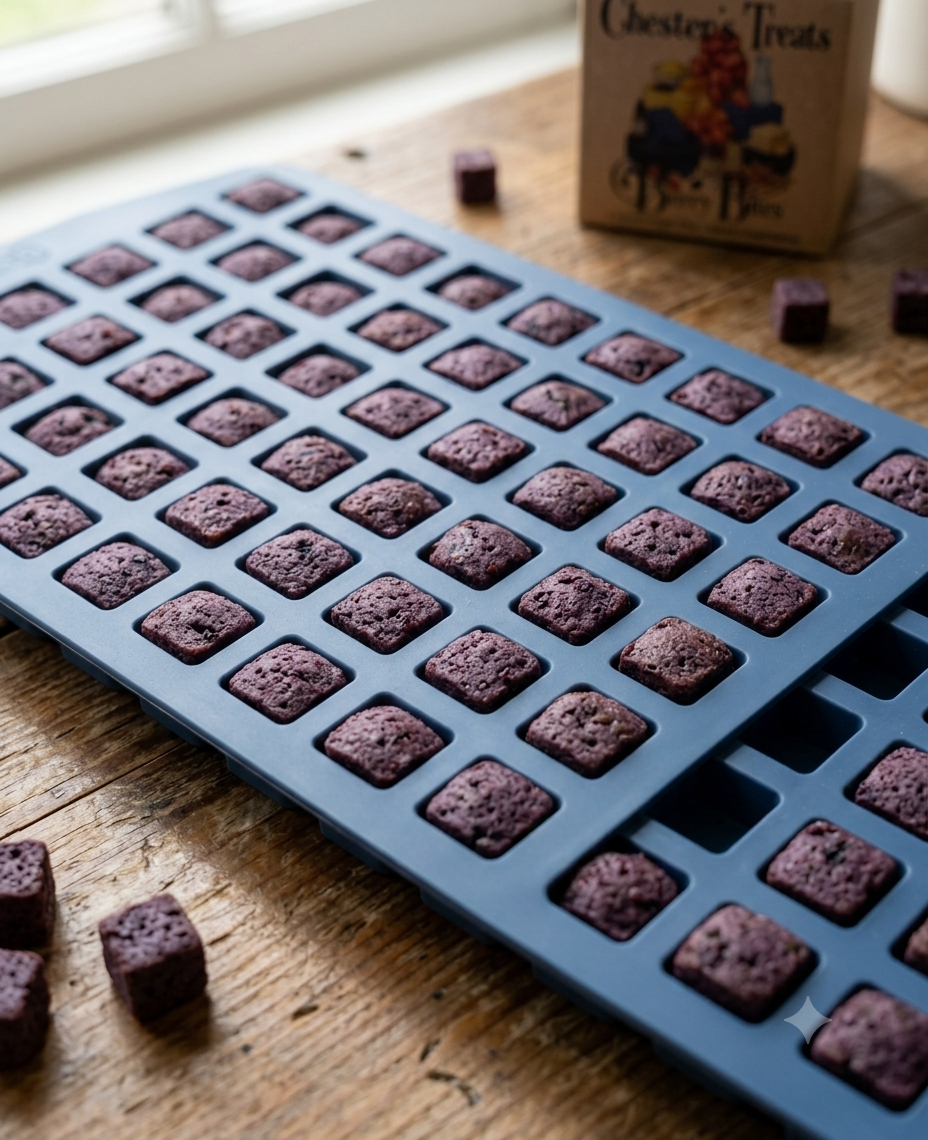 A tray of uncooked mini brownie bites on a wooden table with a box of 'Chestnut's Treats' in the background.