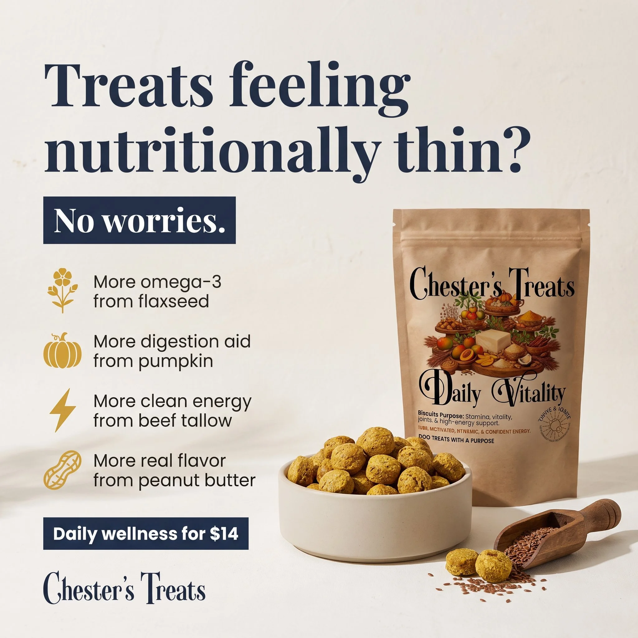 A promotional poster for Chester's Treats featuring a large bowl of round, golden-brown treats, with some treats and a wooden scoop filled with chocolate shavings nearby.