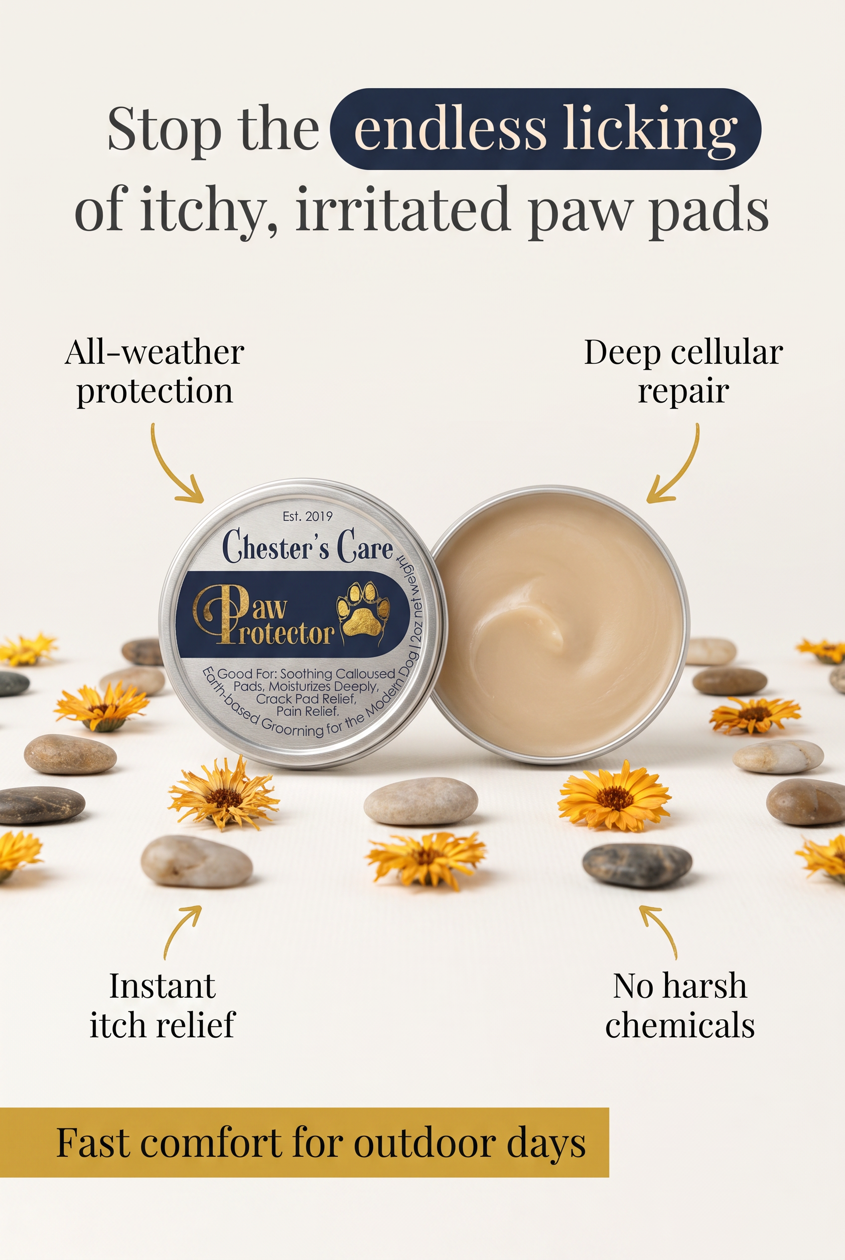 A product display for Chester's Care Paw Protector balm, showing the balm container with a label that reads 'Good For: Soothing Calloused Pads, Moisturizes Deeply, Crack Pad Relief, Pain Relief', and a spoon with balm. The background has scattered sm