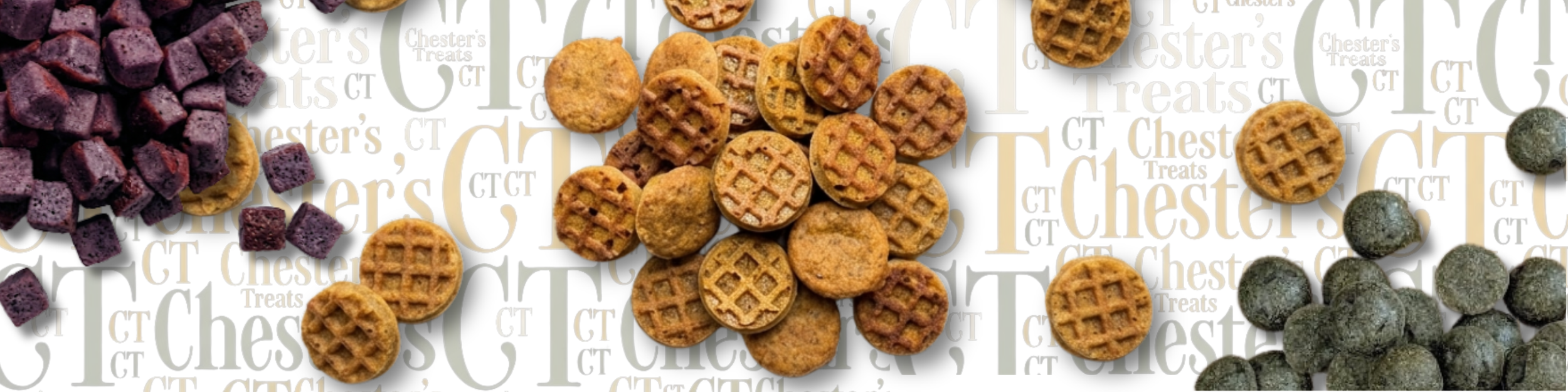 Assorted snacks on paper with the Chester's Treats logo. Purple berry-flavored crunchy squares on the left, small round waffle-shaped cookies in the middle, and small round coated candies on the right.