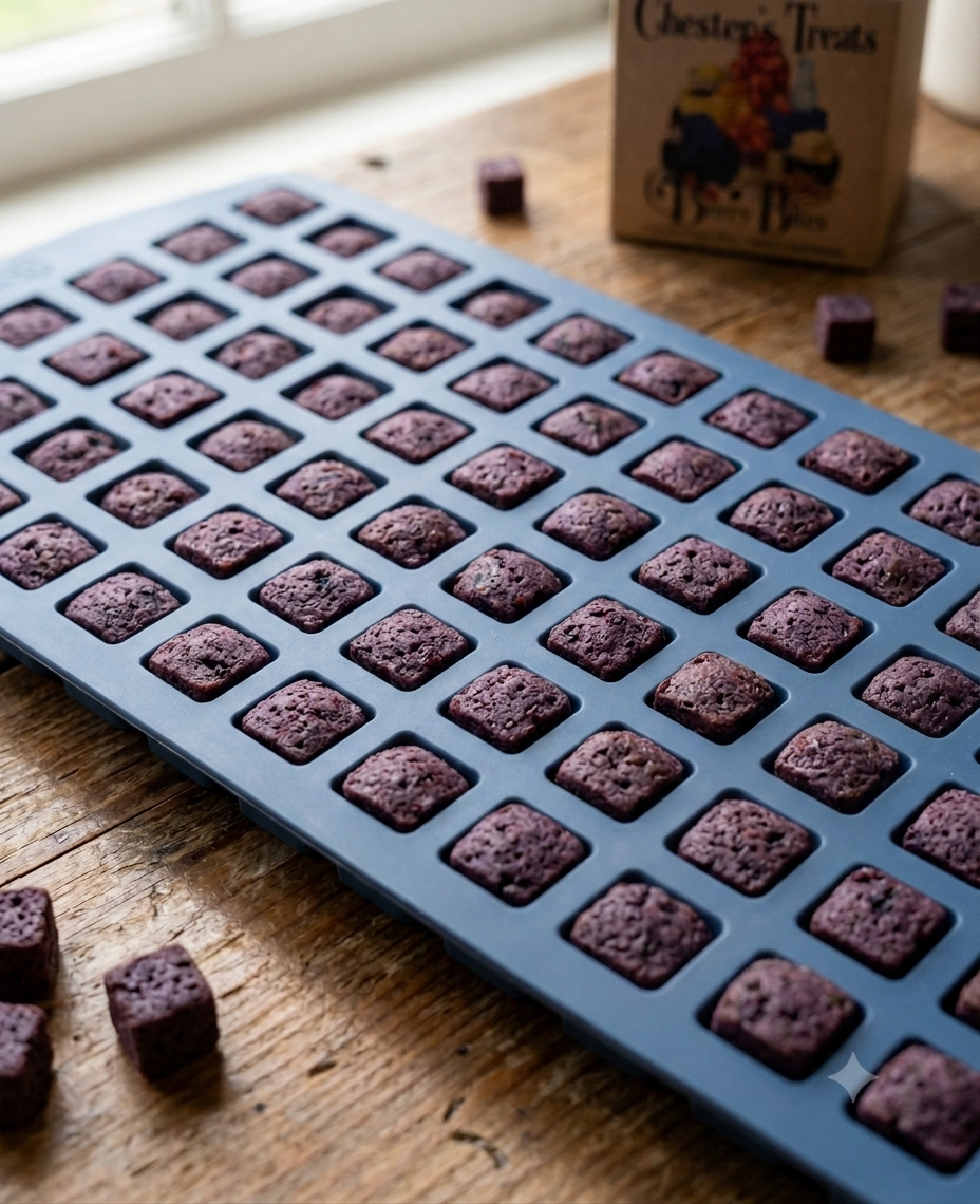 Baked chocolate brownie bites arranged in a silicone mold on a wooden table with a box of chocolate treats in the background.