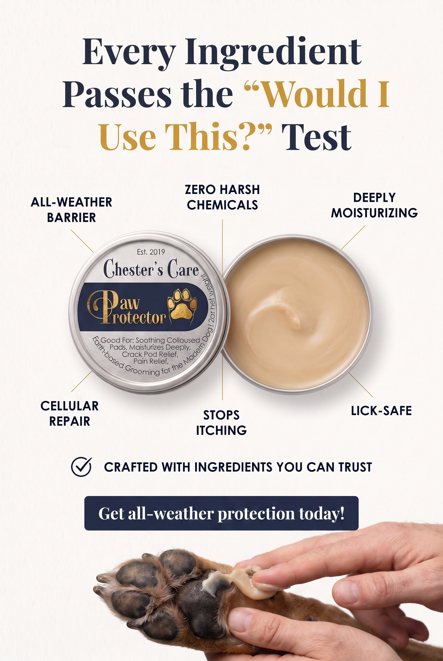 A promotional image for a pet care product showing a container labeled 'Paw Protector' and a person's hand applying the product to a dog's paw. The image highlights features such as all-weather barrier, zero harsh chemicals, deeply moisturizing, cell