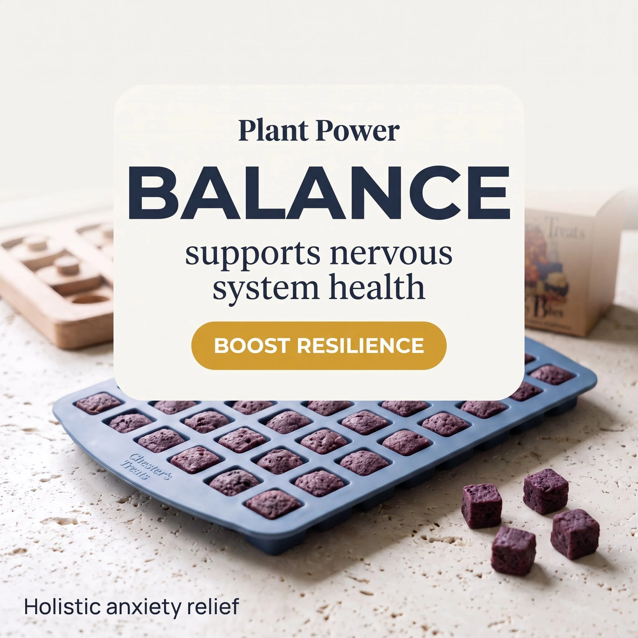 Blue silicone tray filled with purple square-shaped cookies, some spilled on a white speckled surface, with text about holistic anxiety relief.