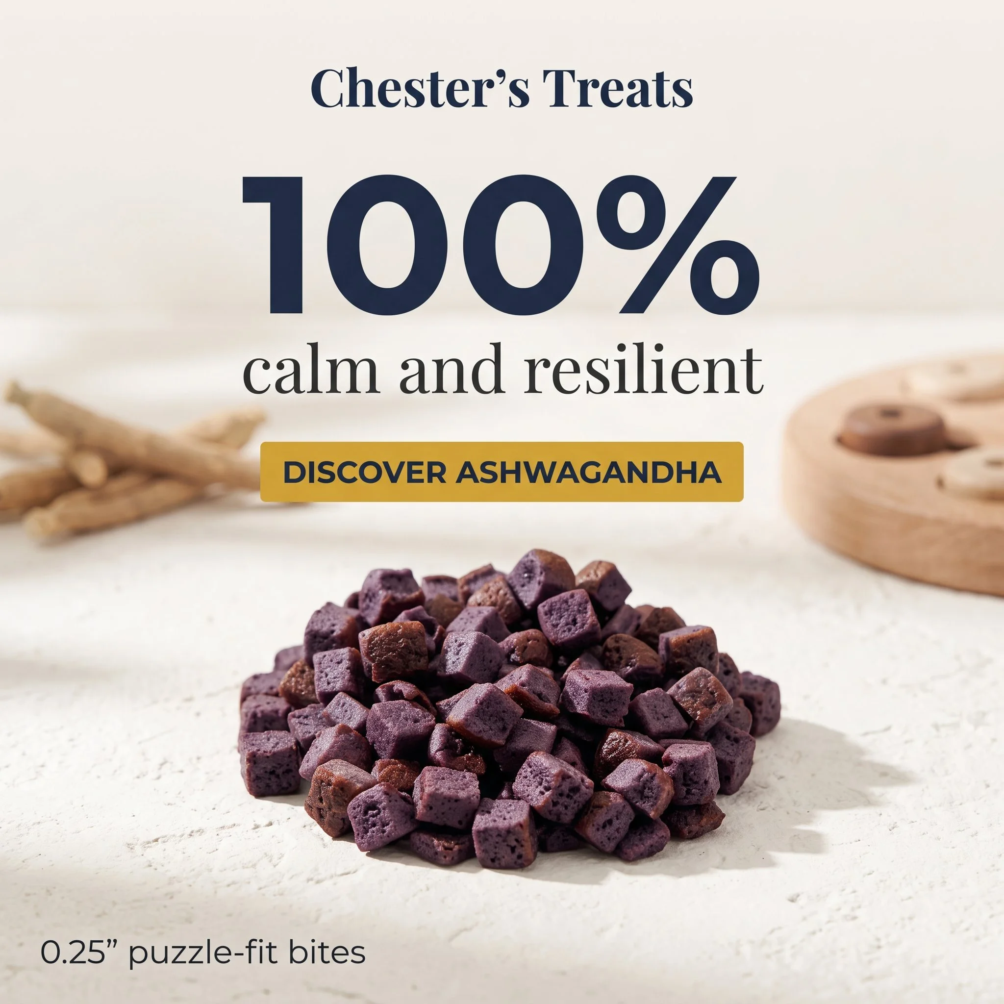 Close-up of small purple puzzle-fit bites on a white surface, with a background of wood shavings and a yellow label that says 'Discover Ashwagandha'.