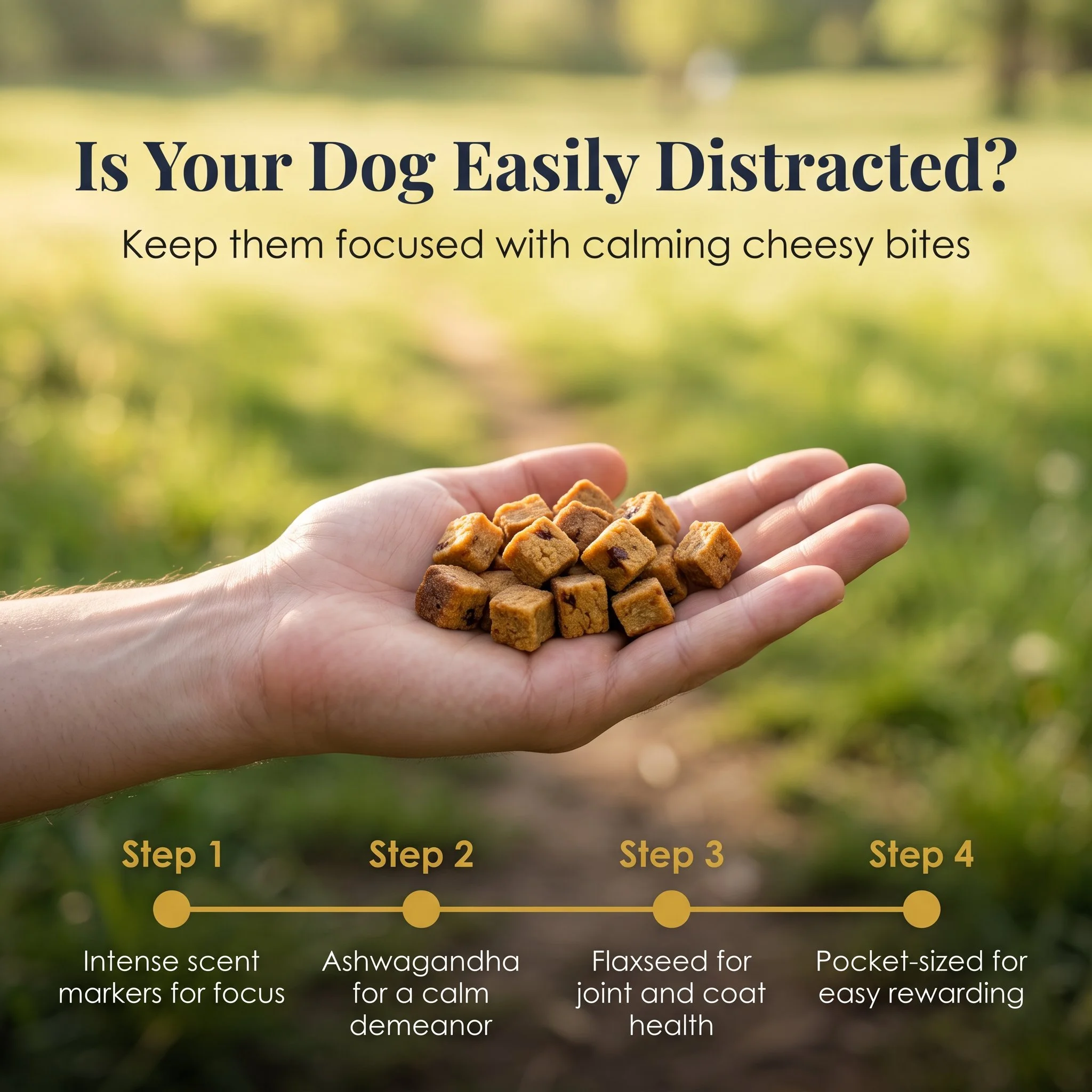 A hand holding small food squares, possibly cookies or snacks, with an outdoor background. The image features a text overlay with the question 'Is Your Dog Easily Distracted?' and a four-step guide to improving focus. The steps include using markers 