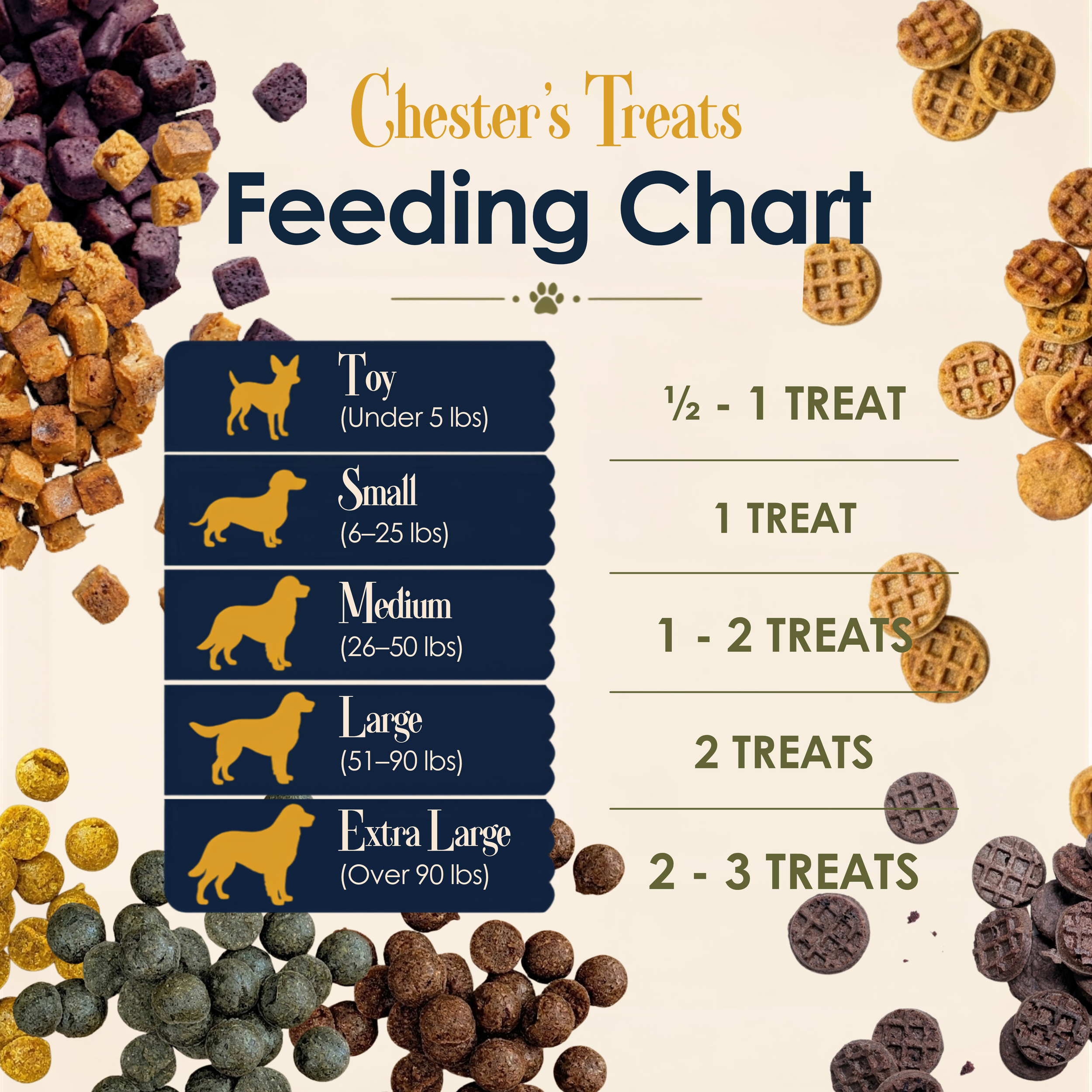 Chester's Treats Feeding Chart with different sized dog treats and icons representing small, medium, large, and extra-large dogs, each with recommended treat amounts.