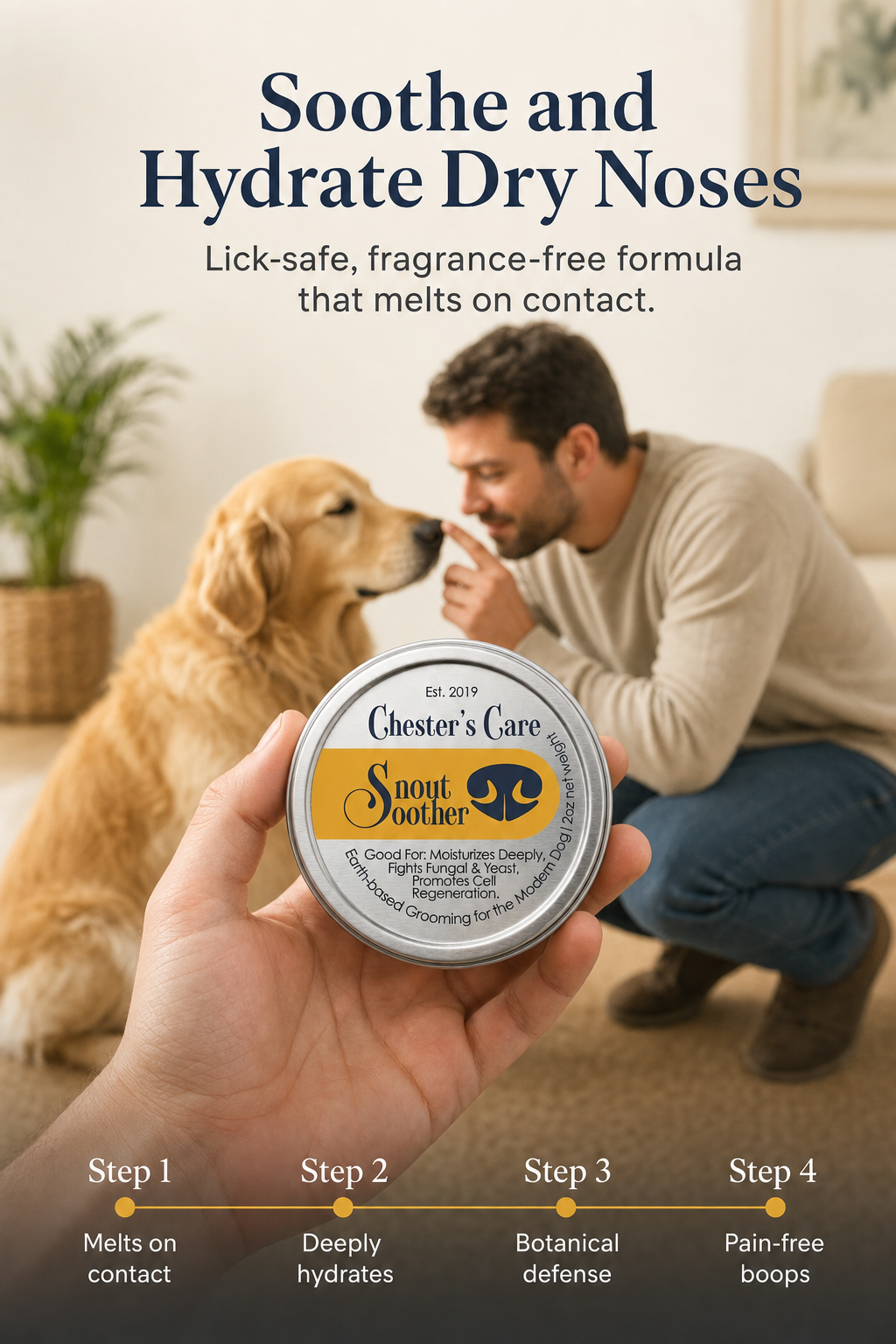 An advertisement for Chester's Care Snout Soother, a dry nose balm for dogs, showing a man and a golden retriever touching noses in a living room. The product is in a hand in the foreground with four steps listed at the bottom for applying the balm.