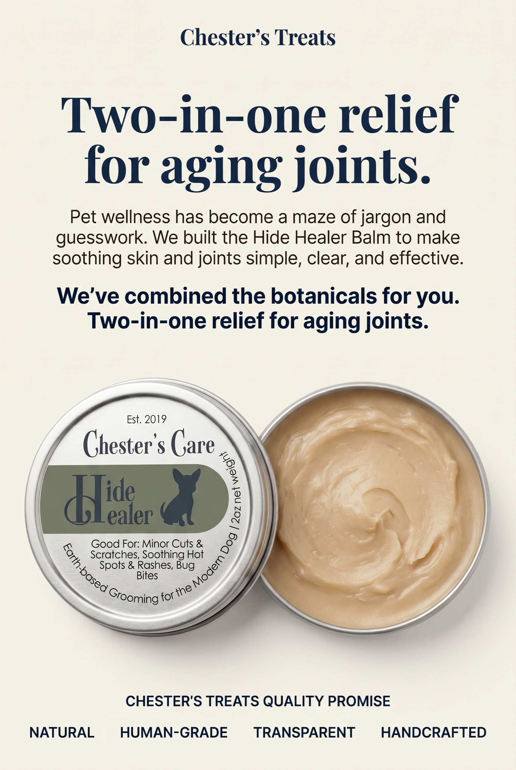 Advertisement for Chester's Treats pet wellness product, highlighting two-in-one relief for aging joints, featuring the product's packaging and a small bowl of creamy substance.