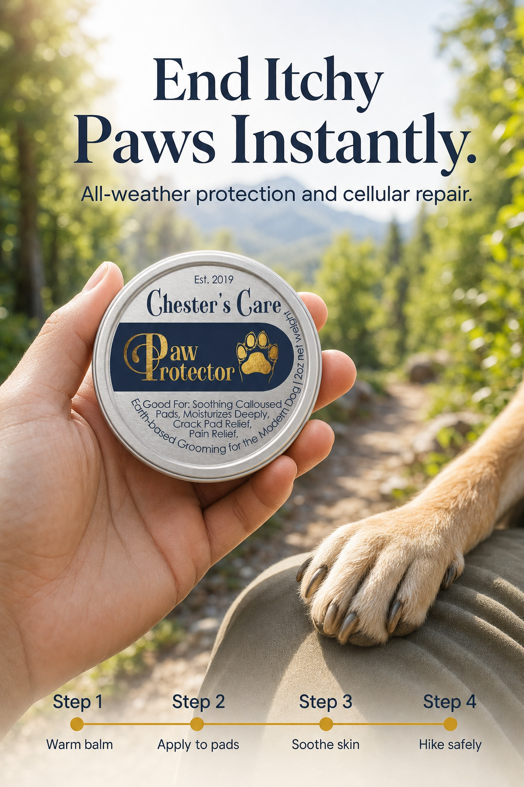 An advertisement showing a hand holding a tin of Chester's Care Paw Protector balm with a dog paw resting on the person's knee in a natural outdoor setting. The text promotes paw care for all-weather protection and cellular repair, with four steps fo